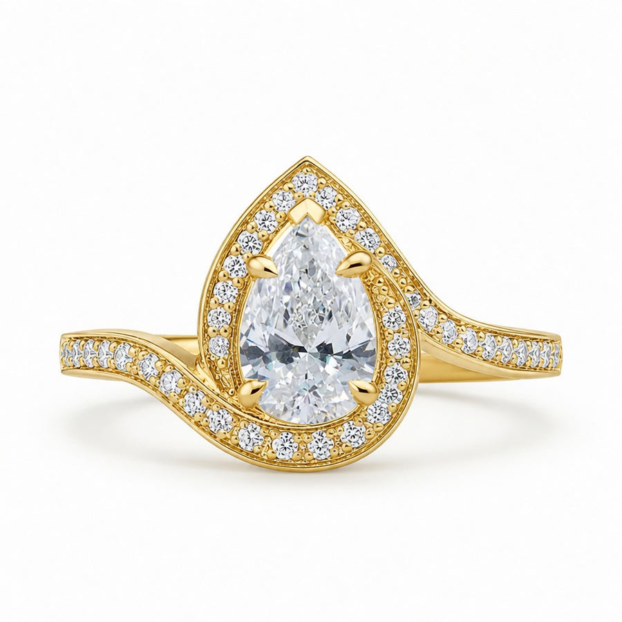 1.30 CT Pear Cut Lab-Grown Diamond Double Halo Engagement Ring in 14K White Gold – Swirl Bypass Designer Design