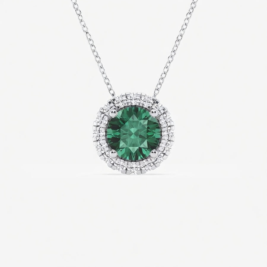 1.00 CTW Round Created Emerald and Lab-Grown Diamond Halo Pendant with Adjustable Chain (D–F / VS1–VS2)
