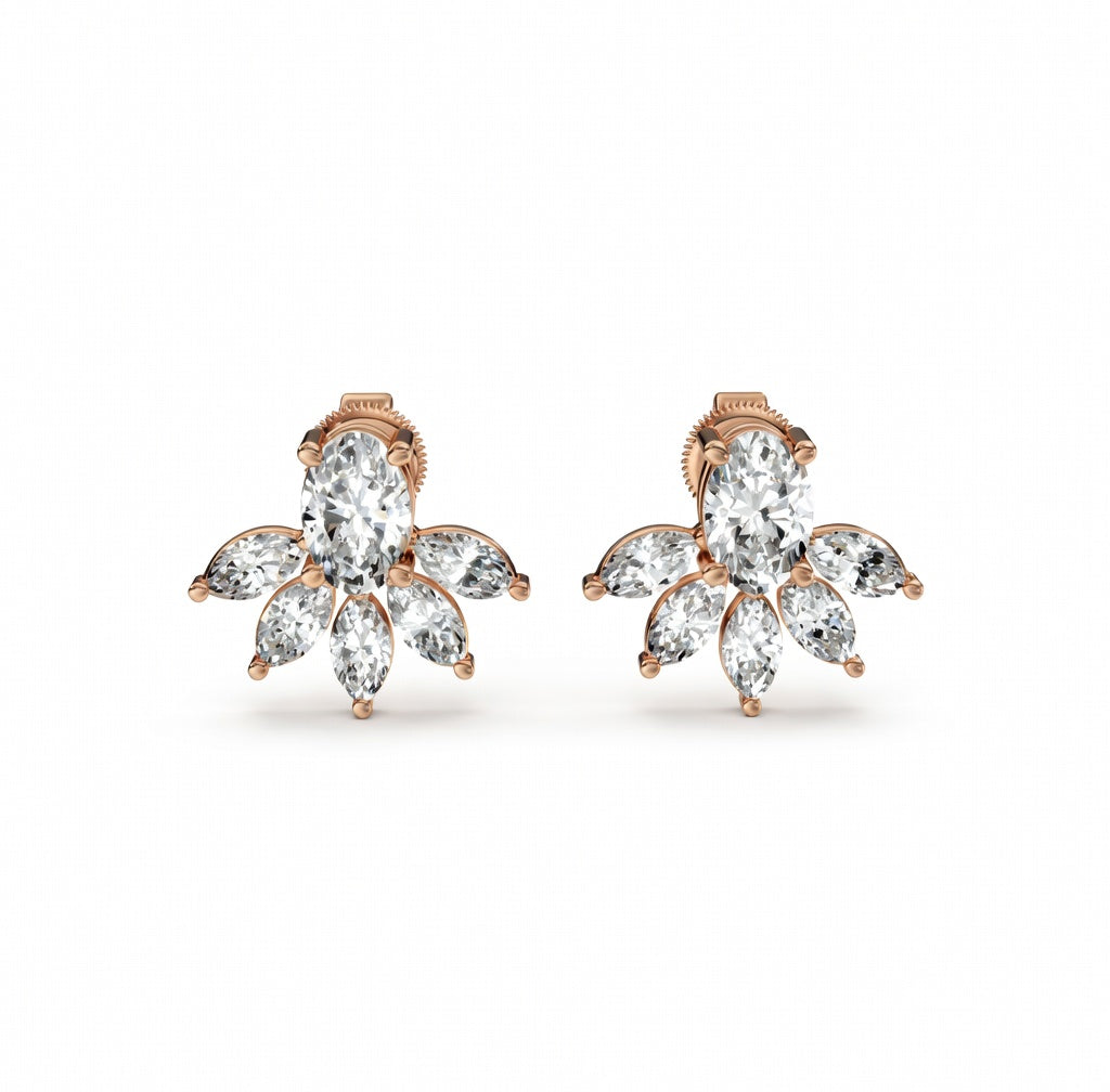 2.46 ct Oval Marquise Cut Stud Cluster Butterfly Diamond Earrings VS1 D White Gold 14k
