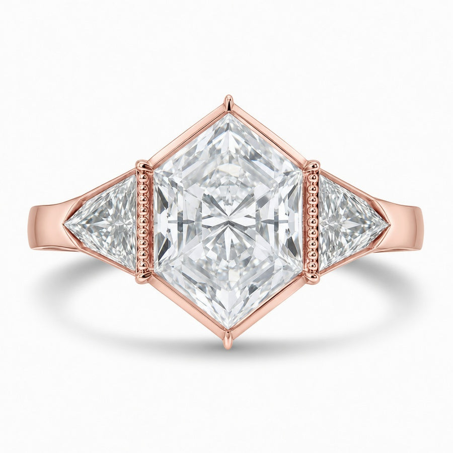 2.80 CT Elongated Hexagon Cut Lab-Grown Diamond Engagement Ring in 14K White Gold – Vintage Milgrain Hand-Engraved Art Deco Design