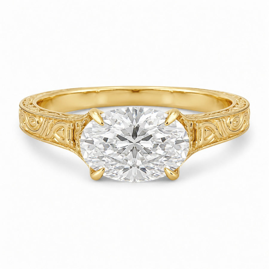 1.50 CT Vintage East West Oval Lab-Grown Diamond Engagement Ring in 14K White Gold – Custom Filigree Engraved Claw Prong Design