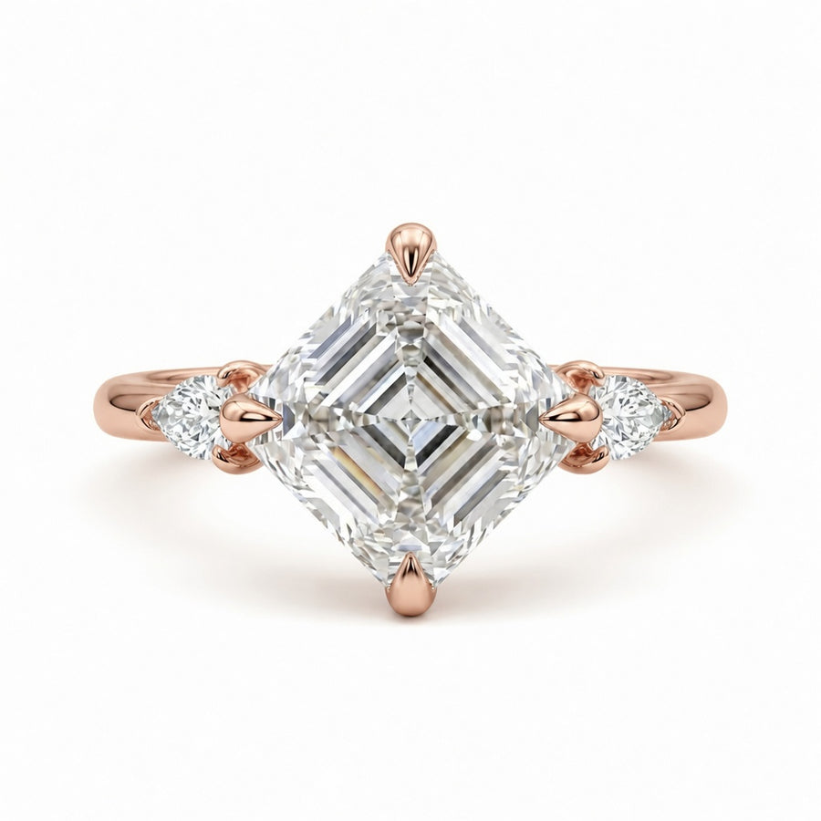 2.00 CT Asscher Cut Lab-Grown Diamond Three Stone Engagement Ring in 14K White Gold – Bezel Set IGI Certified Design