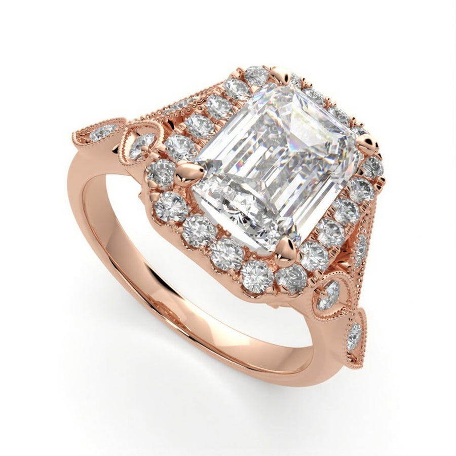 Ada 4.35 Carat Emerald Cut Halo Pave Engagement Ring