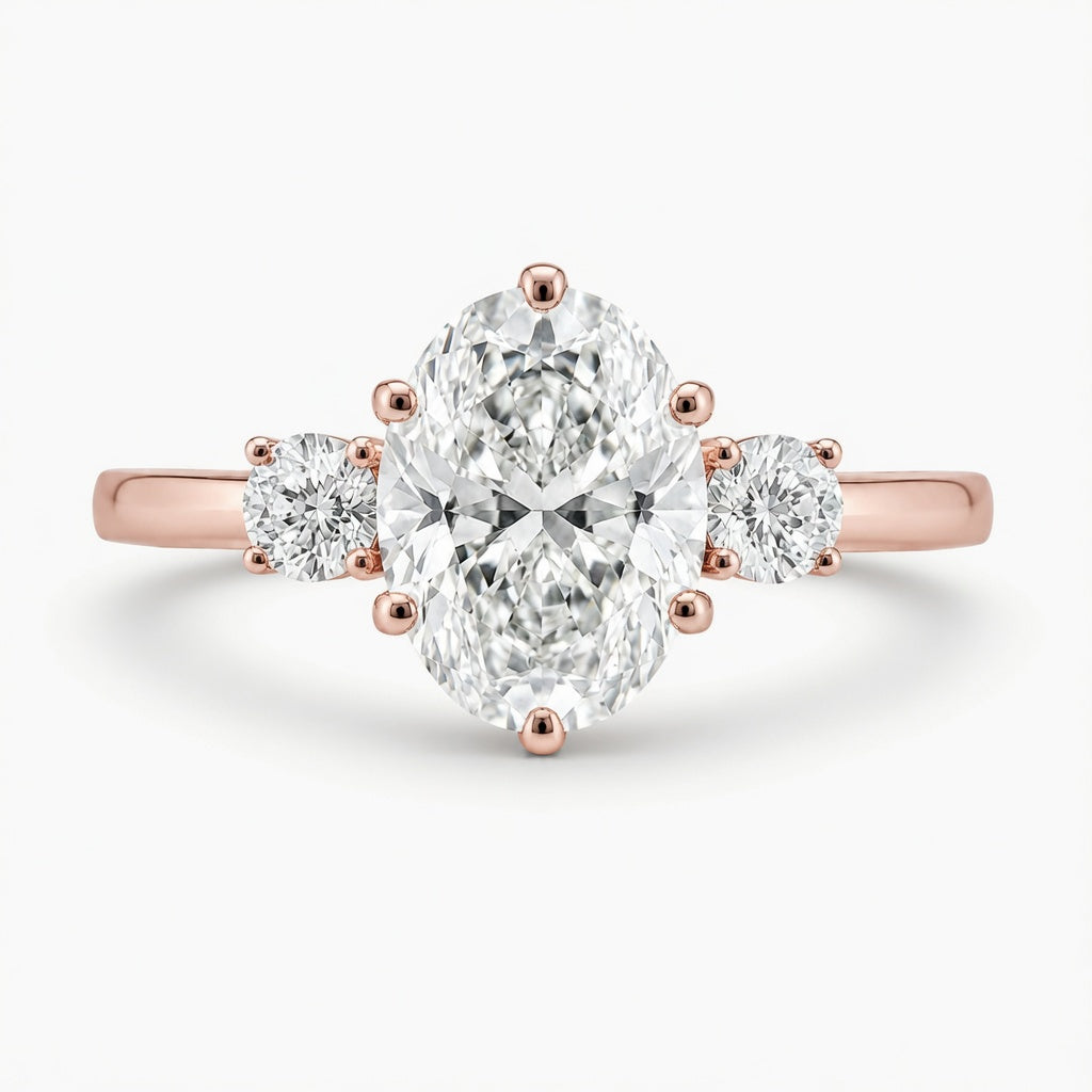 3.00 CT Oval Cut Lab-Grown Diamond Three-Stone Engagement Ring in 14K White Gold – Round Side Diamond Custom Design