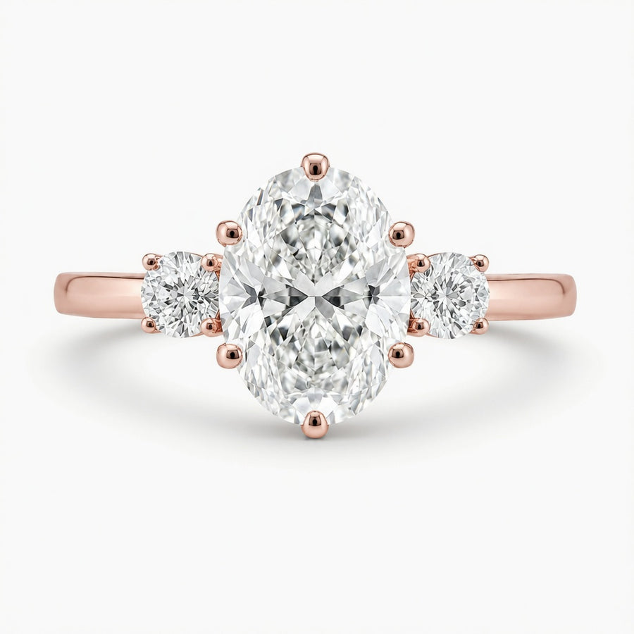 3.00 CT Oval Cut Lab-Grown Diamond Three-Stone Engagement Ring in 14K White Gold – Round Side Diamond Custom Design