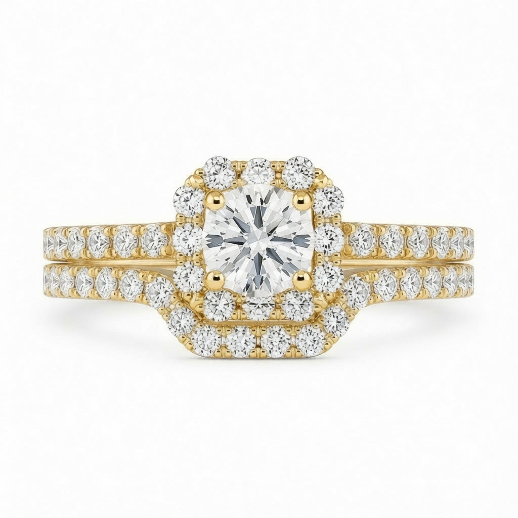 1.25 CT Round Lab-Grown Diamond 2PCS Halo Bridal Set in 14K White Gold – Square Halo Wedding Ring Design