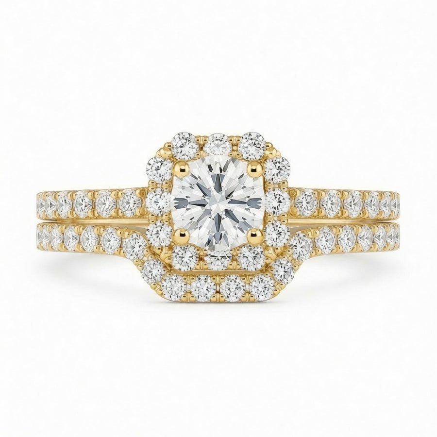 1.25 CT Round Lab-Grown Diamond 2PCS Halo Bridal Set in 14K White Gold – Square Halo Wedding Ring Design