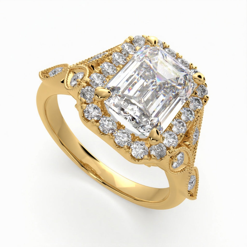 Ada 4.35 Carat Emerald Cut Halo Pave Engagement Ring