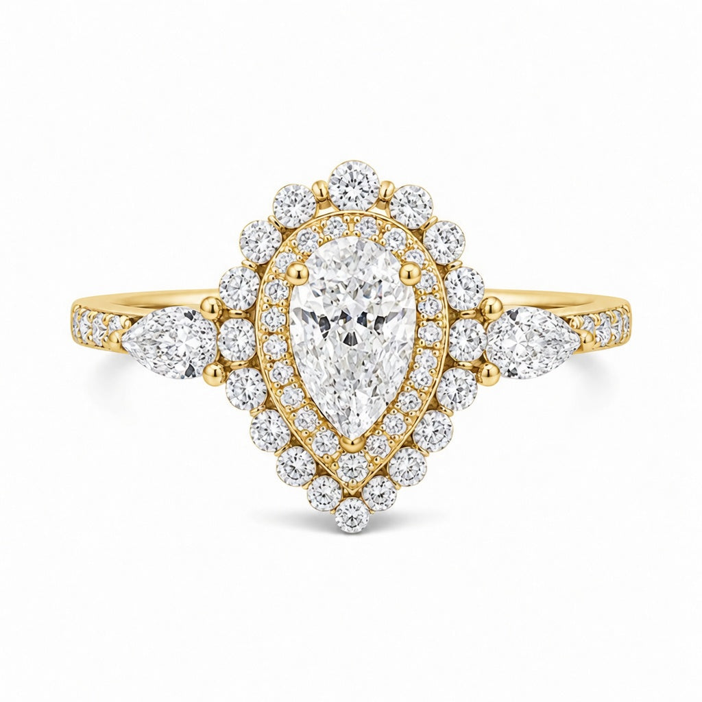 3.00 CT Pear Cut Lab-Grown Diamond Double Halo Engagement Ring in 14K White Gold – Teardrop Bridal Design with Side Stones