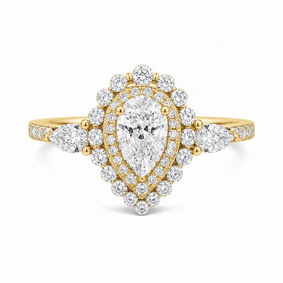 3.00 CT Pear Cut Lab-Grown Diamond Double Halo Engagement Ring in 14K White Gold – Teardrop Bridal Design with Side Stones