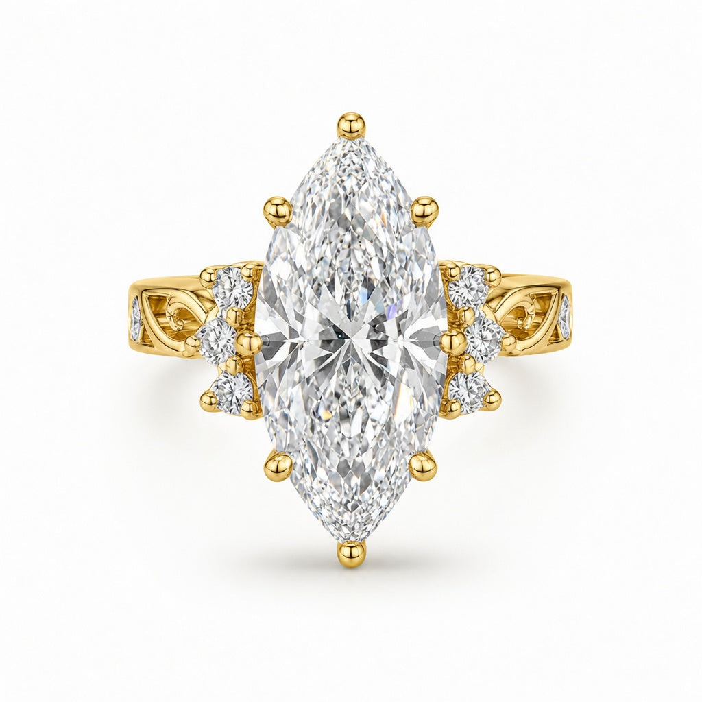 3.81 CT Vintage Marquise Cut Lab-Grown Diamond Engagement Ring in 14K White Gold – Hand-Engraved Art Deco Cluster Design