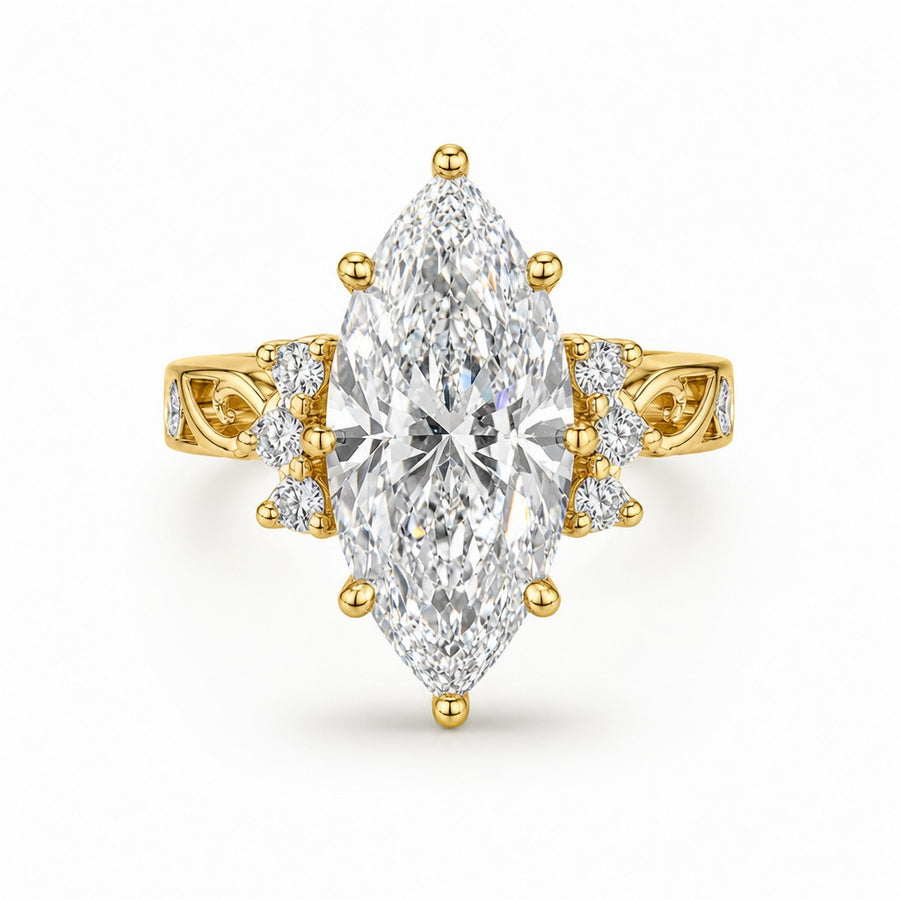 3.81 CT Vintage Marquise Cut Lab-Grown Diamond Engagement Ring in 14K White Gold – Hand-Engraved Art Deco Cluster Design