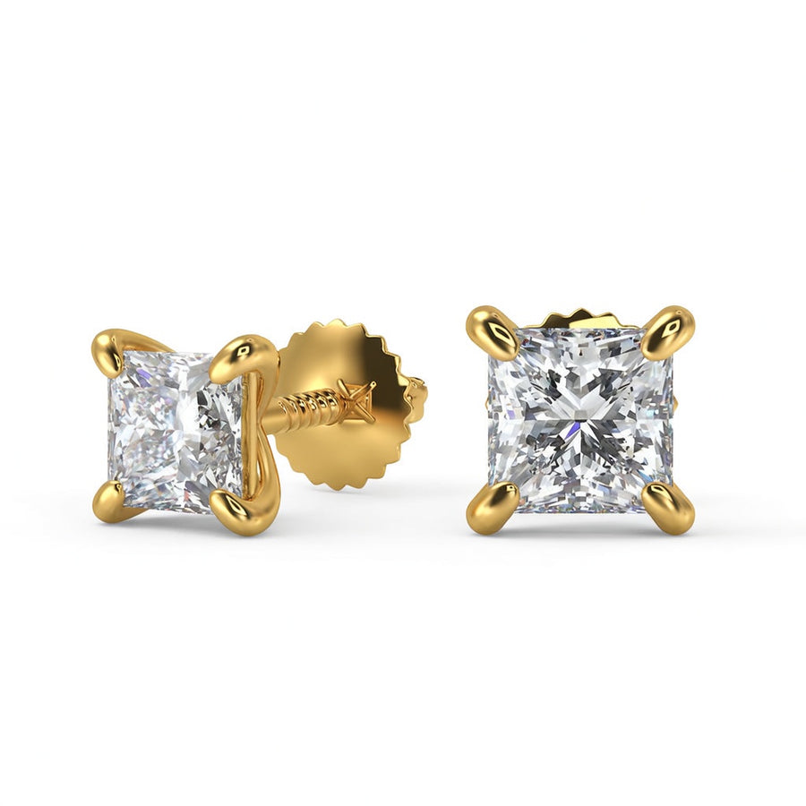 2 Ct Princess Cut Stud Diamond Earrings VS1 D Screw Back White Gold 14k