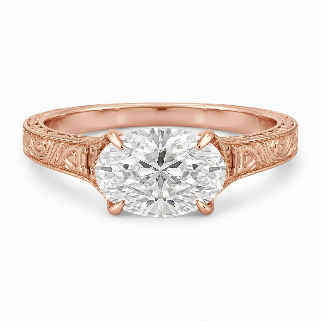 1.50 CT Vintage East West Oval Lab-Grown Diamond Engagement Ring in 14K White Gold – Custom Filigree Engraved Claw Prong Design