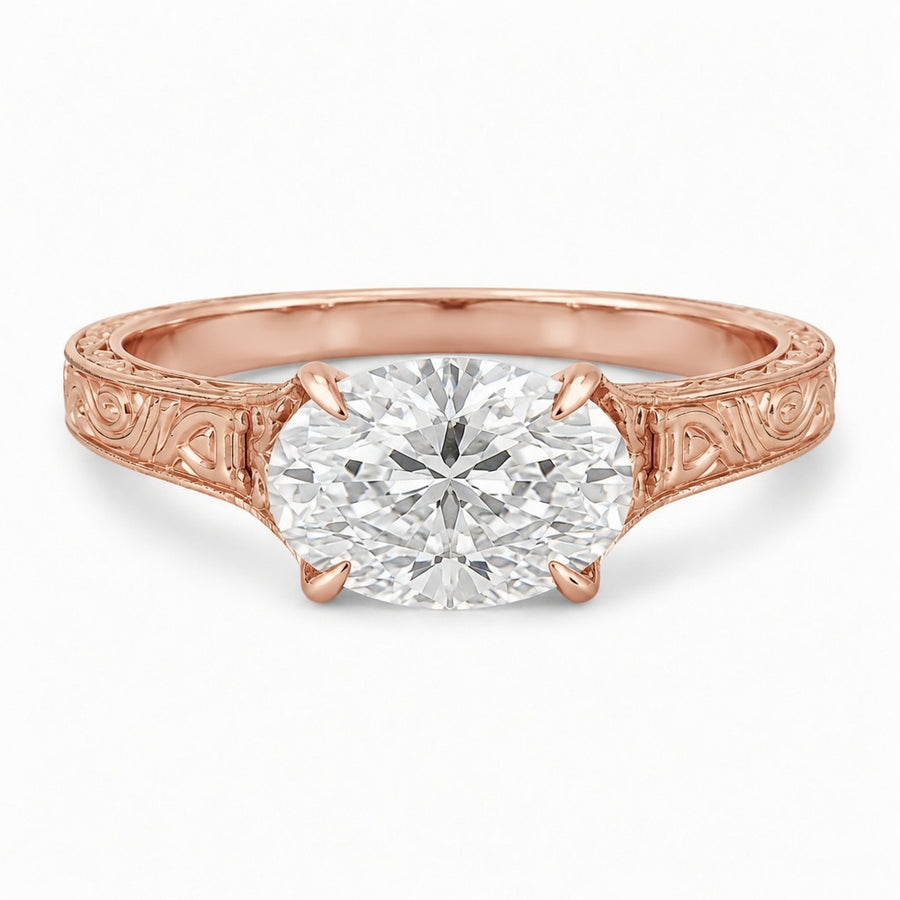 1.50 CT Vintage East West Oval Lab-Grown Diamond Engagement Ring in 14K White Gold – Custom Filigree Engraved Claw Prong Design