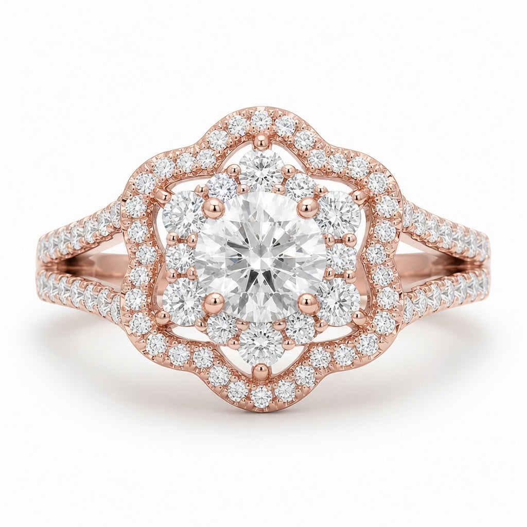 1.00 CT Round Cut Lab-Grown Diamond Double Halo Engagement Ring in 14K White Gold – Vintage Floral Split Shank Design