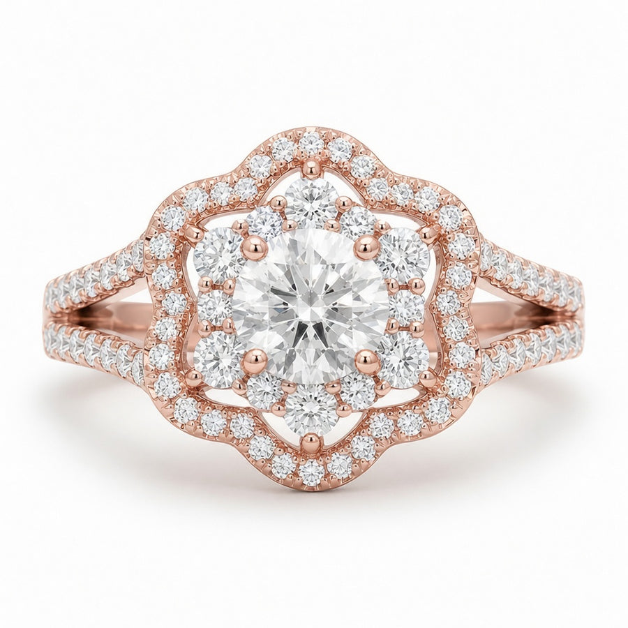 1.00 CT Round Cut Lab-Grown Diamond Double Halo Engagement Ring in 14K White Gold – Vintage Floral Split Shank Design