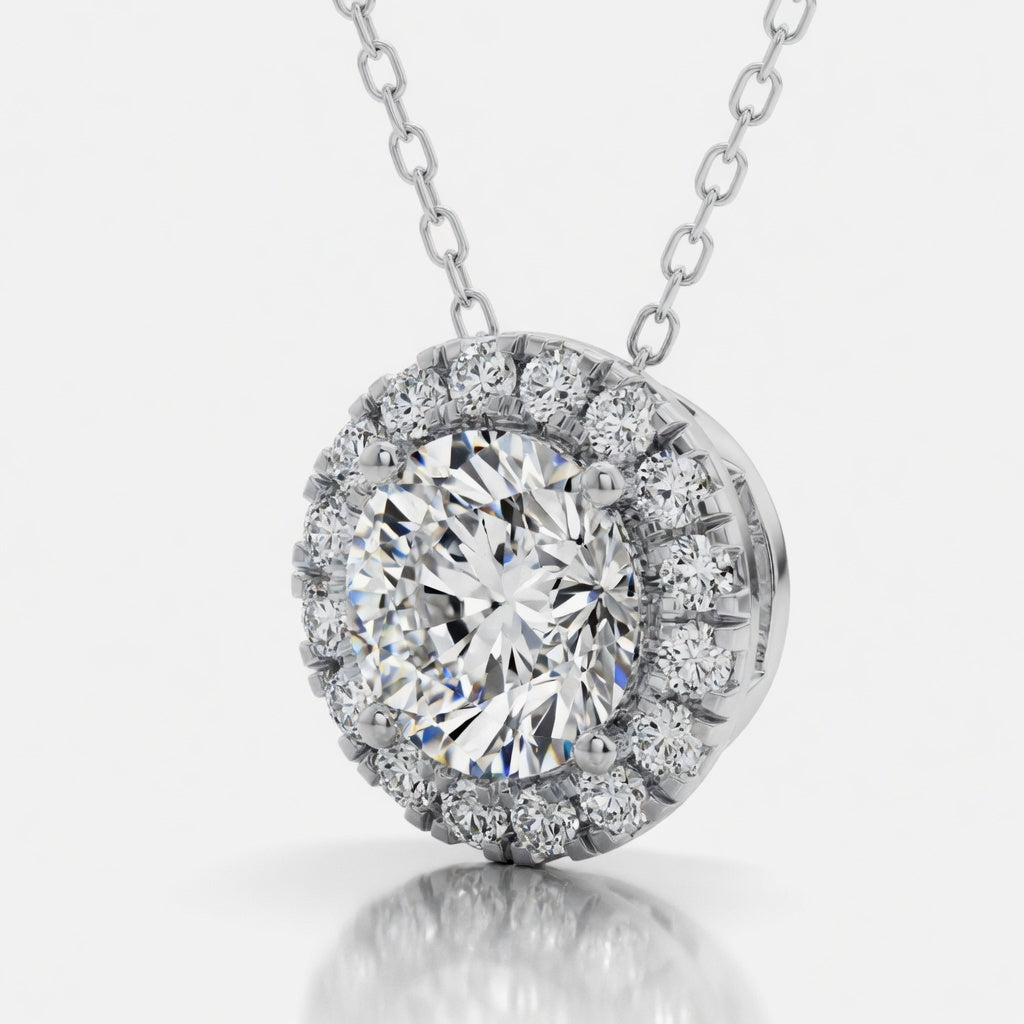 1.76 Carat Round Cut Lab-Grown Diamond Halo Pendant VS1 D–F 14K White Gold with Adjustable Chain