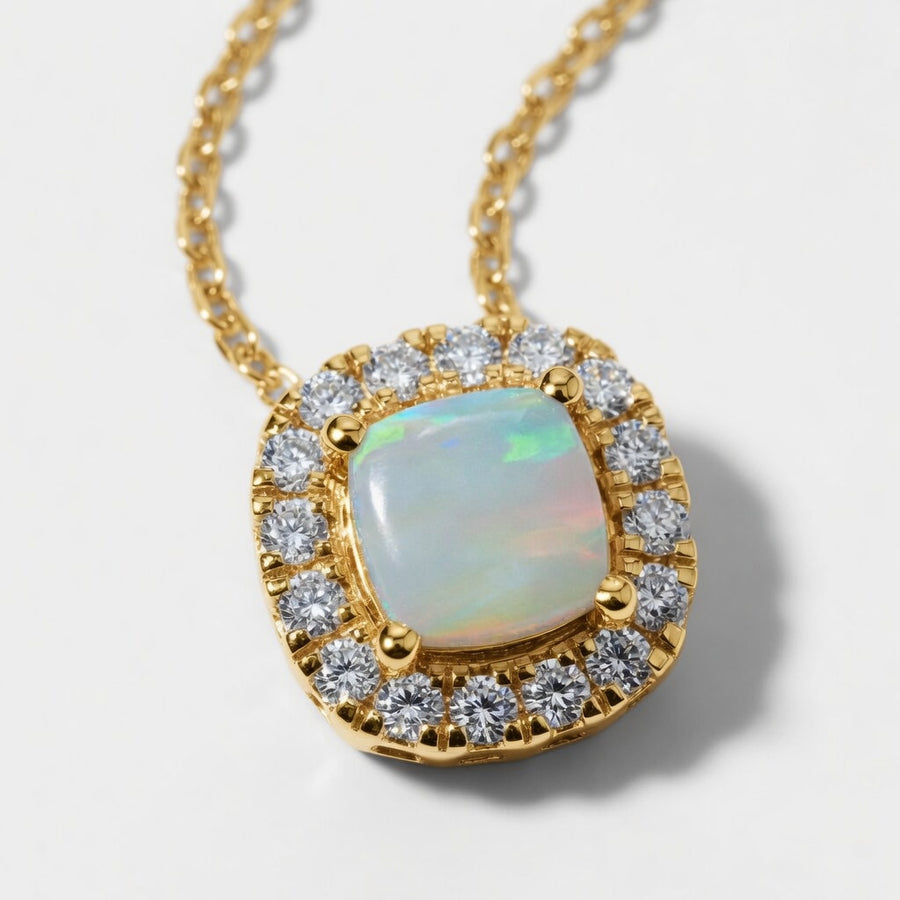 1.00 CTW Cushion Cut Created Opal and Round Lab-Grown Diamond Halo Pendant with Adjustable Chain (D–F / VS1–VS2)