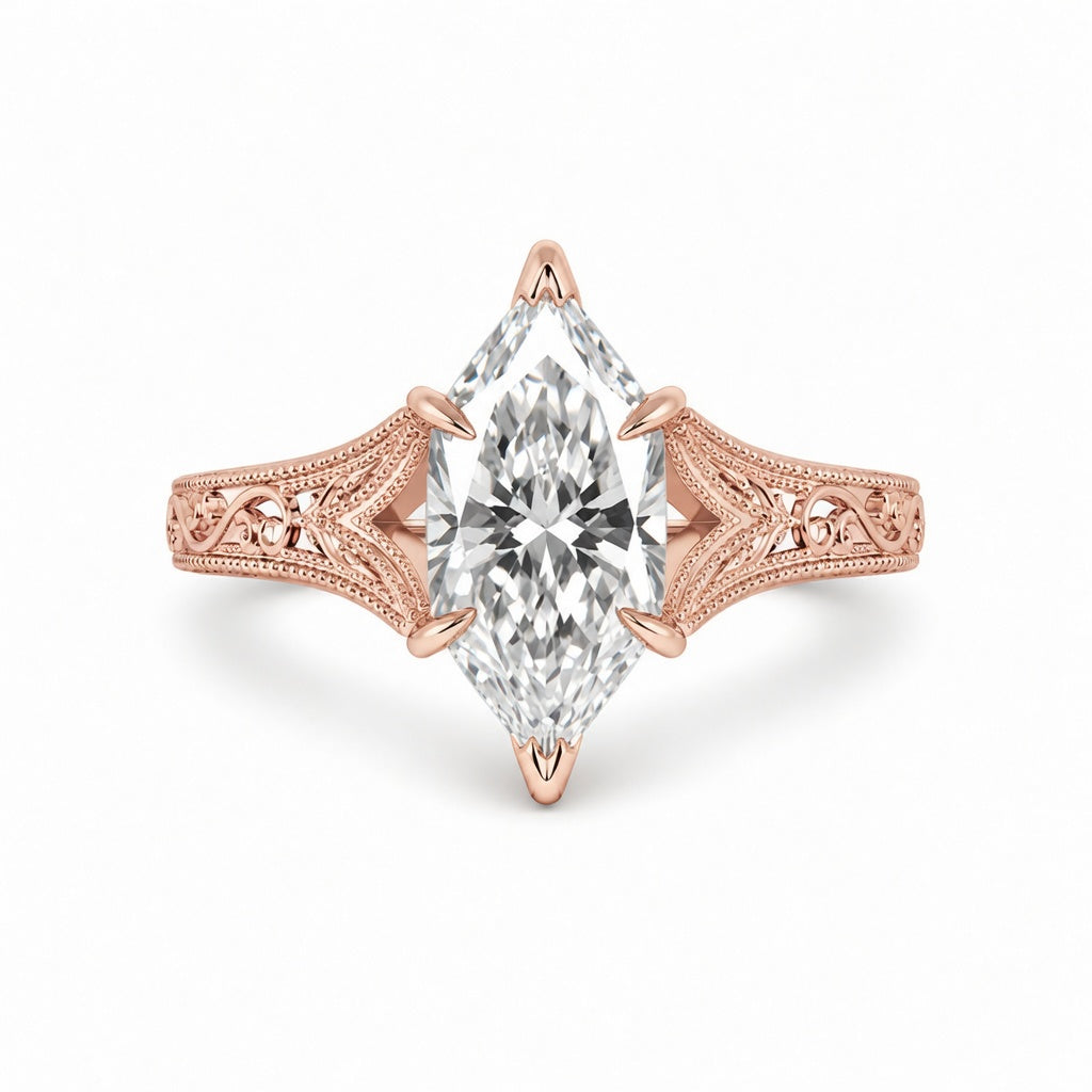 3.00 CT Filigree Dutch Marquise Cut Lab-Grown Diamond Engagement Ring in 14K White Gold – Engraved Solitaire Bridal Design