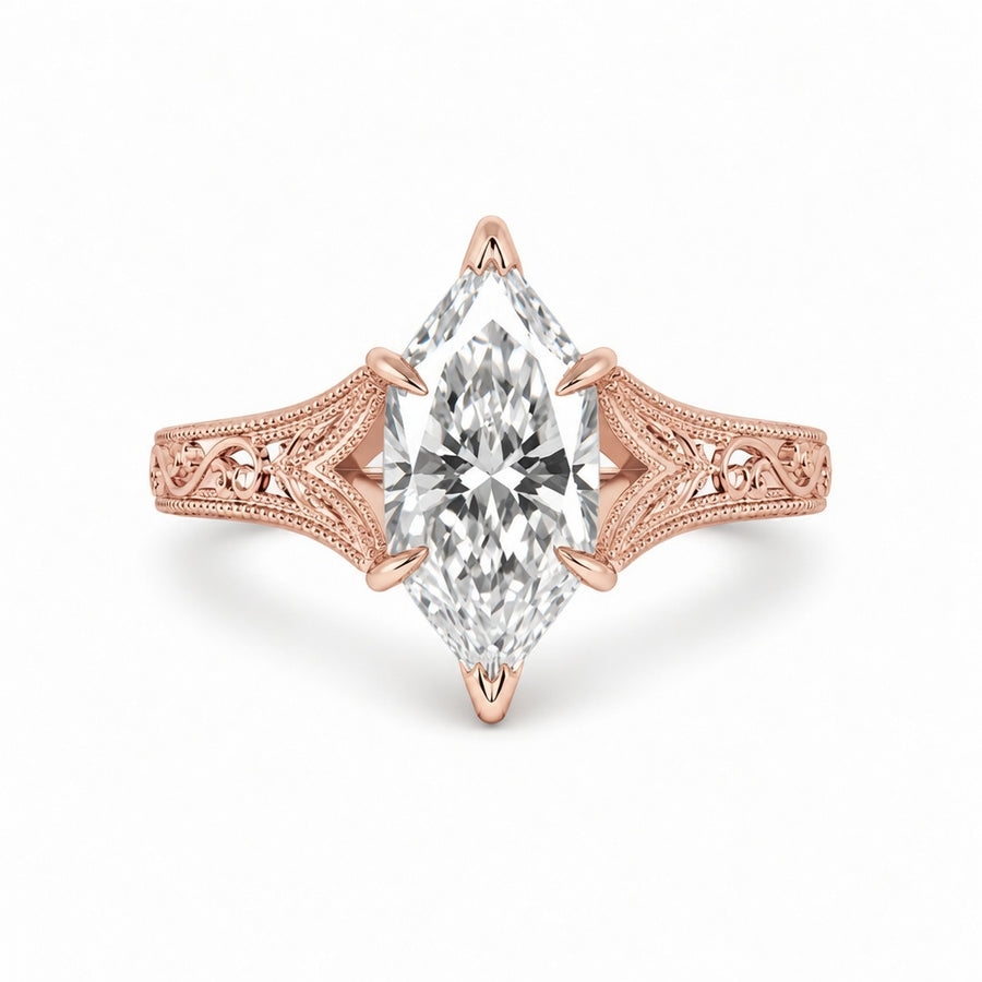 3.00 CT Filigree Dutch Marquise Cut Lab-Grown Diamond Engagement Ring in 14K White Gold – Engraved Solitaire Bridal Design