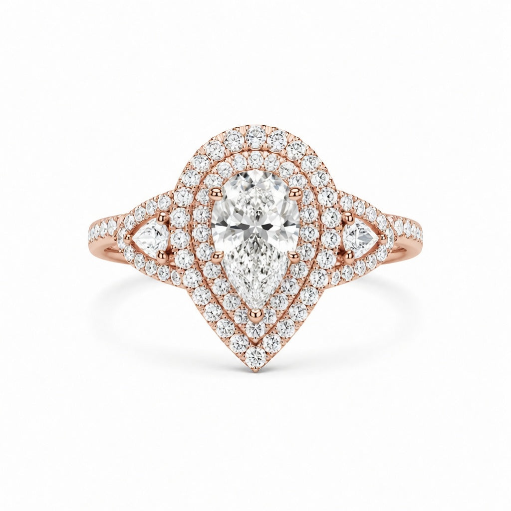 2.00 CT Pear Cut Lab-Grown Diamond Double Halo Engagement Ring in 14K White Gold – Stackable Comfort Fit Bridal Design
