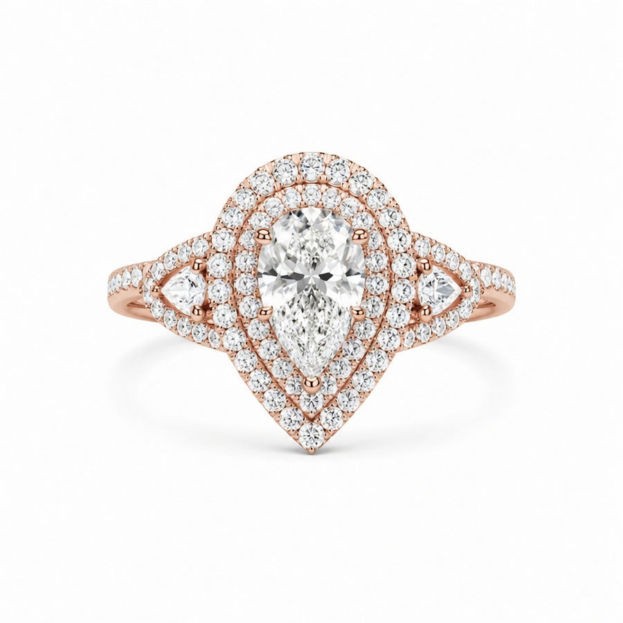2.00 CT Pear Cut Lab-Grown Diamond Double Halo Engagement Ring in 14K White Gold – Stackable Comfort Fit Bridal Design