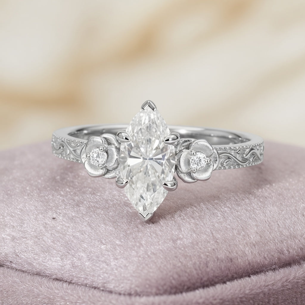 3.00 CT Vintage Marquise Cut Lab-Grown Diamond Engagement Ring in 14K White Gold – Milgrain Filigree Floral Vine Design