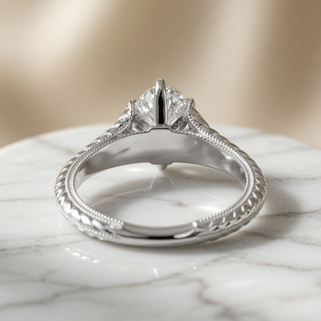 5.00 CT Oval Lab-Grown Diamond Engagement Ring in 14K White Gold – Hand-Engraved Wheat Leaf Design