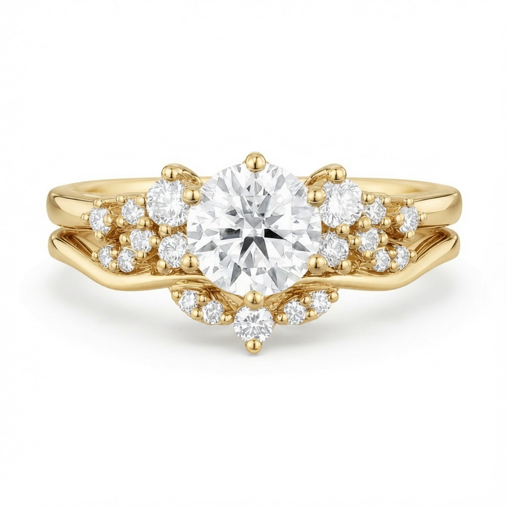 1.50 CT Cluster Lab-Grown Diamond 2PCS Bridal Set in 14K White Gold – Vintage Inspired Curved Wedding Band Design