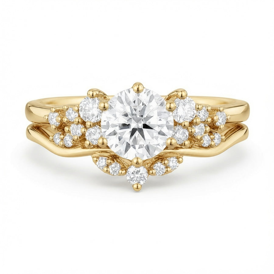 1.50 CT Cluster Lab-Grown Diamond 2PCS Bridal Set in 14K White Gold – Vintage Inspired Curved Wedding Band Design