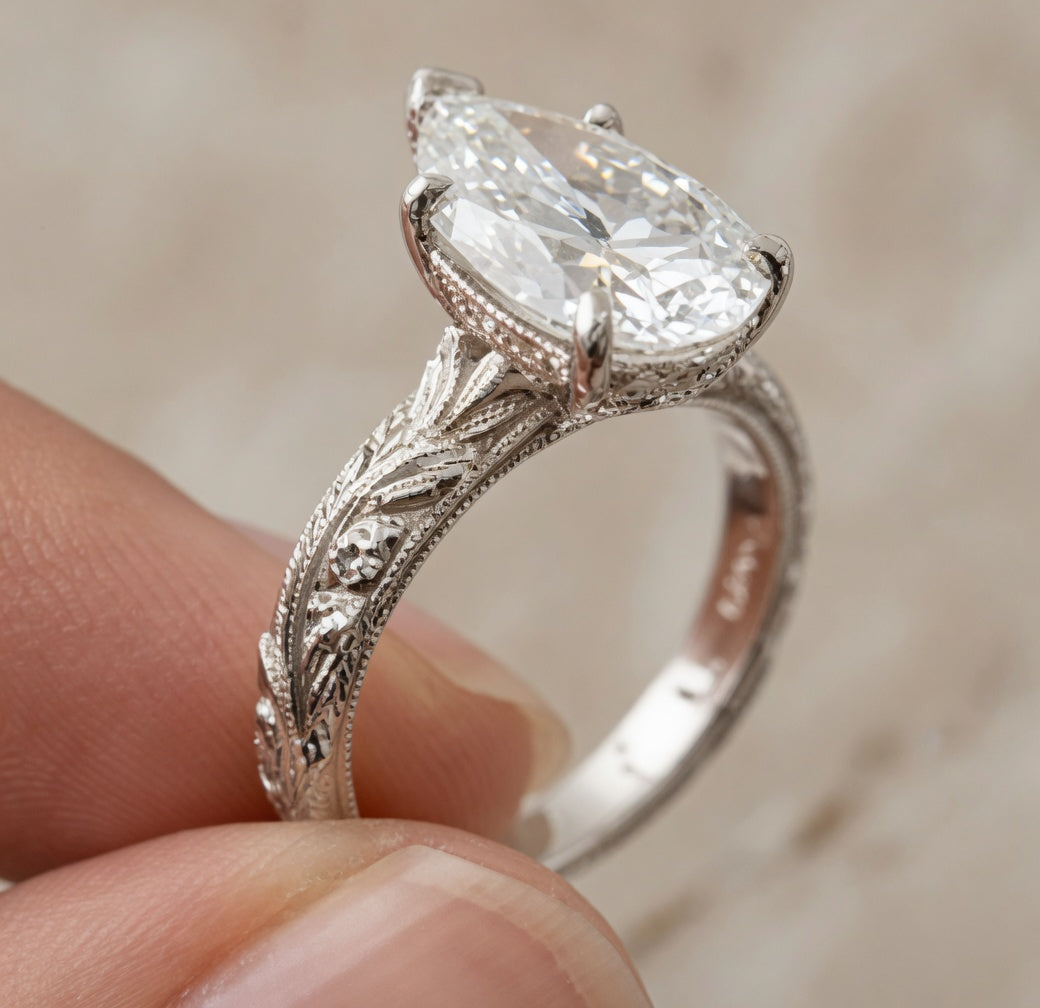 2.00 CT Vintage Inspired Pear Cut Lab-Grown Diamond Engagement Ring in 14K White Gold – Hand-Engraved Floral Art Deco Design