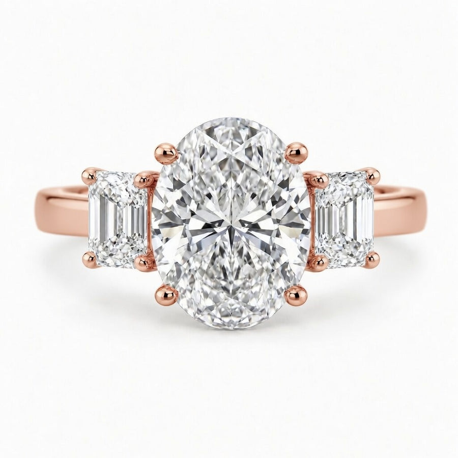 2.00 CT Oval Lab-Grown Diamond Three-Stone Engagement Ring in 14K White Gold – Emerald Accent Design