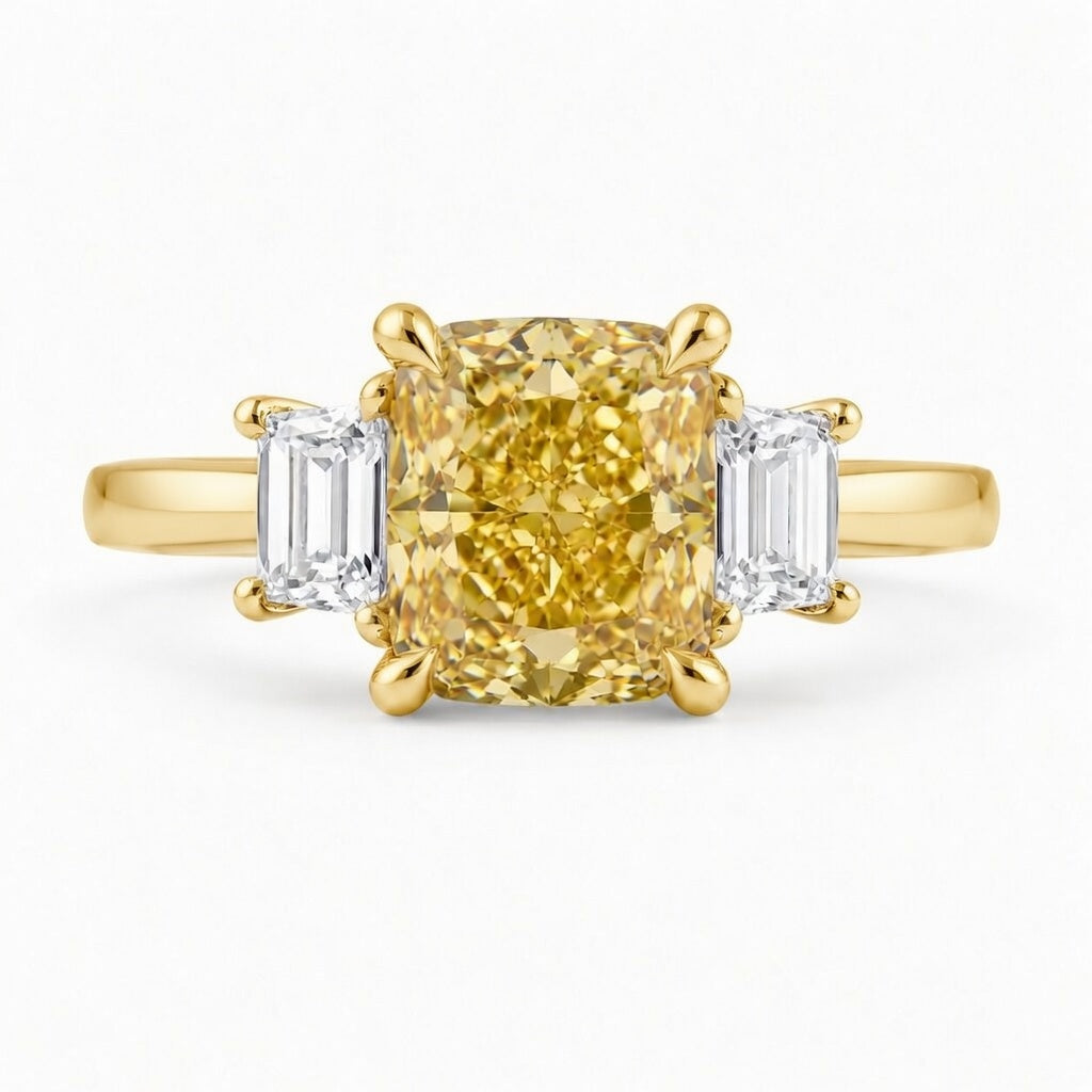 3.00 CT Yellow Radiant Cut Lab-Grown Diamond Three-Stone Engagement Ring in 14K White Gold – Fancy Color Proposal Design