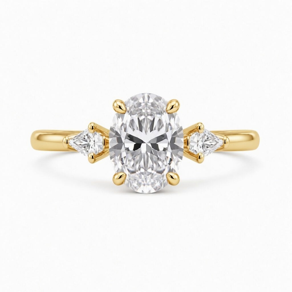 3.00 CT Oval Lab-Grown Diamond Three-Stone Engagement Ring in 14K White Gold – Kite Side Diamond IGI Certified Design