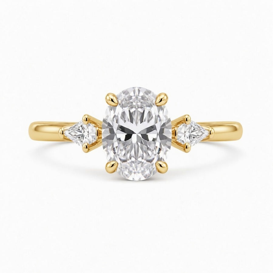3.00 CT Oval Lab-Grown Diamond Three-Stone Engagement Ring in 14K White Gold – Kite Side Diamond IGI Certified Design