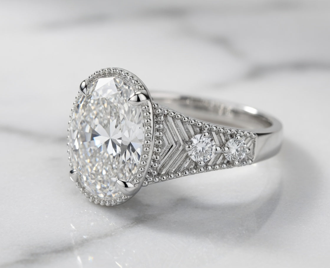 3.00 CT Art Deco Inspired Oval Cut Lab-Grown Diamond Engagement Ring in 14K White Gold – Antique Hand-Engraved Filigree Design