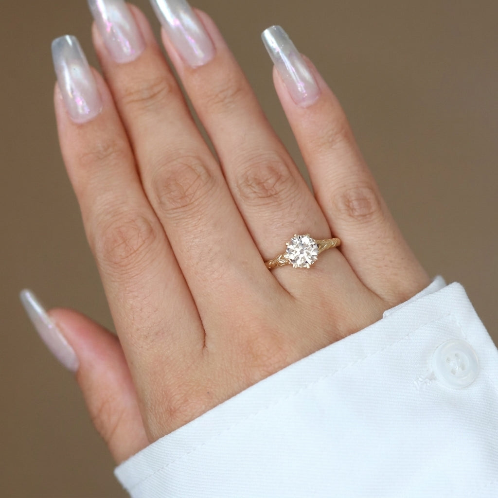 1.50 CT Round Lab-Grown Diamond Hand-Engraved Engagement Ring in 14K White Gold – Vintage Carved Solitaire Band