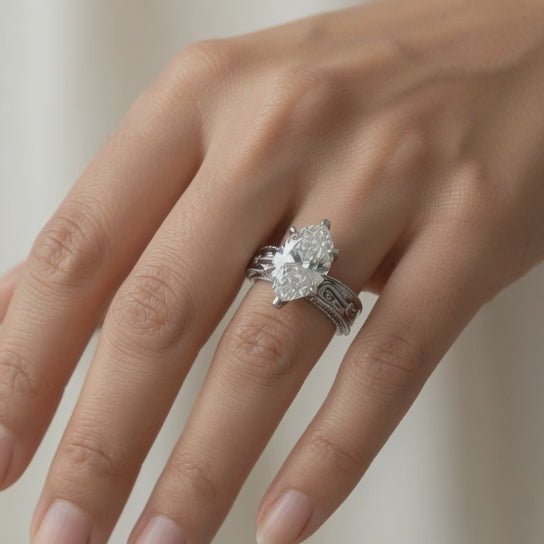 Sabrina 2 Carat Marquise Cut Solitaire Hand Engraved Milgrain Engagement Ring