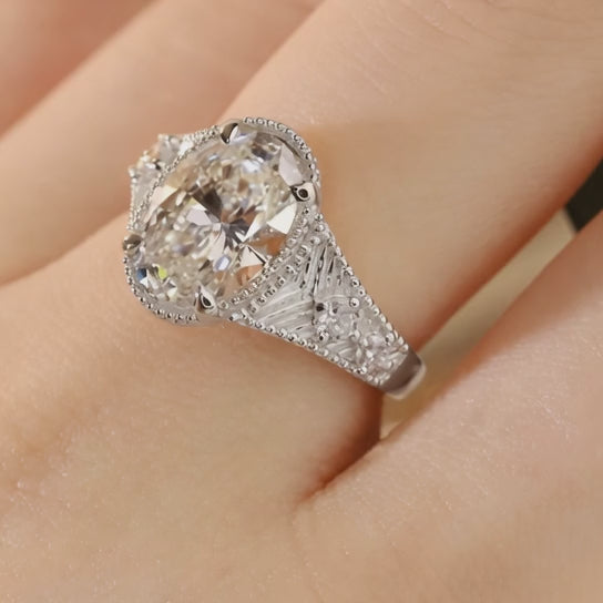 3.00 CT Art Deco Inspired Oval Cut Lab-Grown Diamond Engagement Ring in 14K White Gold – Antique Hand-Engraved Filigree Design