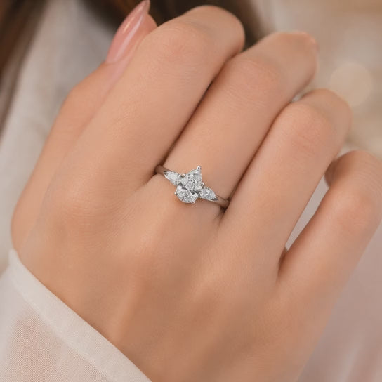 1.80 CT Pear Cut Lab-Grown Diamond Three-Stone Engagement Ring in 14K White Gold – Classic Trilogy Design