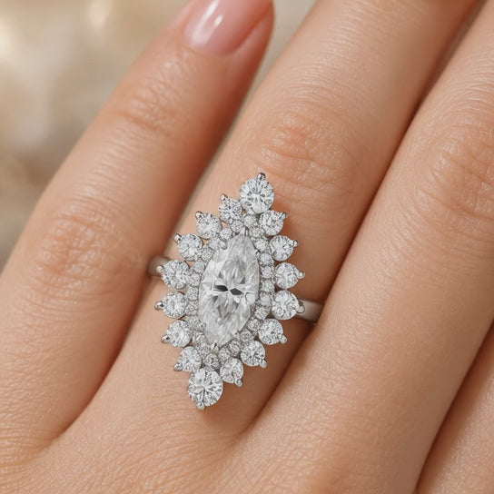 1.68 CT Marquise Cut Lab-Grown Diamond Double Halo Engagement Ring in 14K White Gold – Cathedral Shank Bridal Design