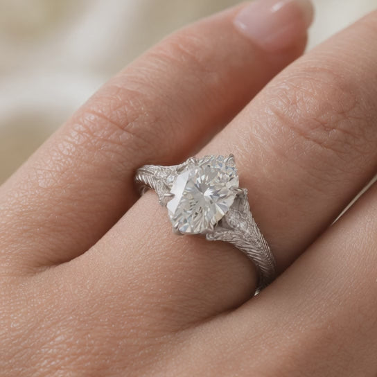 5.00 CT Oval Lab-Grown Diamond Engagement Ring in 14K White Gold – Hand-Engraved Wheat Leaf Design