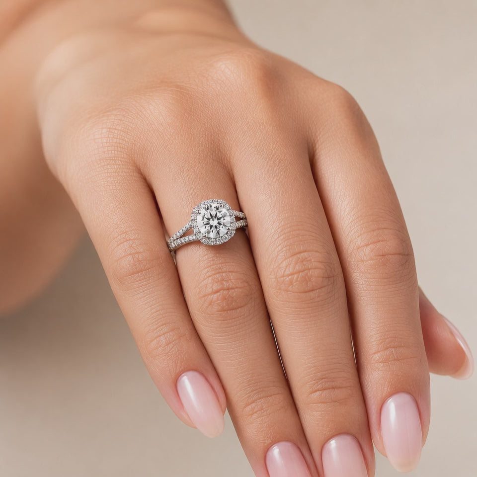 Alice 2.42 ct Lab Grown Round Cut Halo Split Shank Diamond Engagement Ring