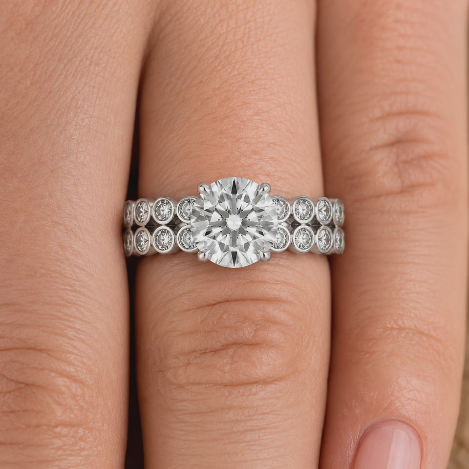 2.50 CT Round Lab-Grown Diamond 2PCS Art Deco Bridal Set in 14K White Gold – Matching Wedding Band Engagement Ring Design