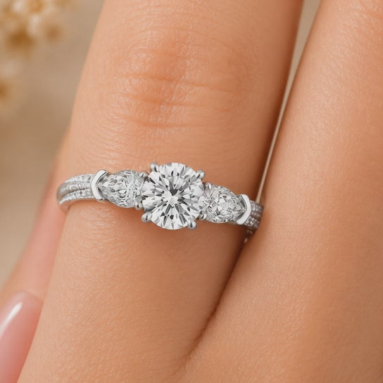 3.00 CT Round Lab-Grown Diamond Three-Stone Engagement Ring in 14K White Gold – Pear Side Stone Solitaire Design