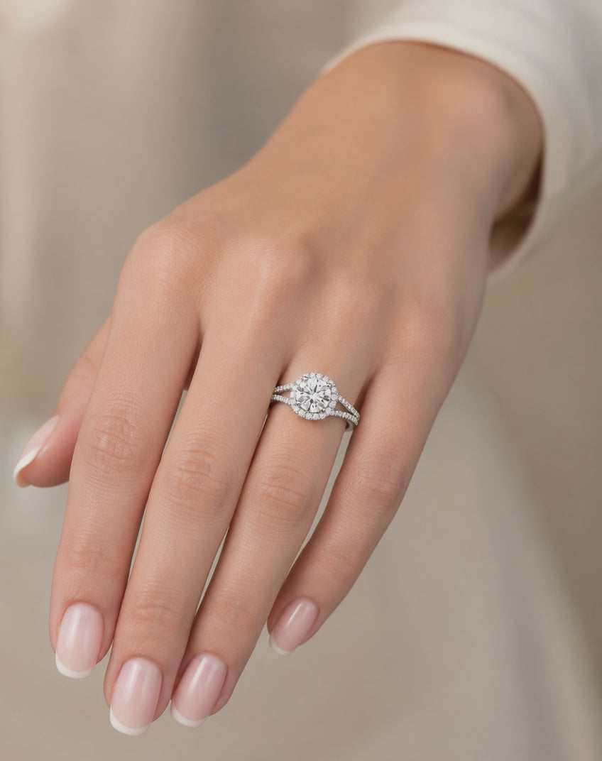 Livia 3.45 ct Lab Grown Round Cut Halo Split Shank Diamond Engagement Ring