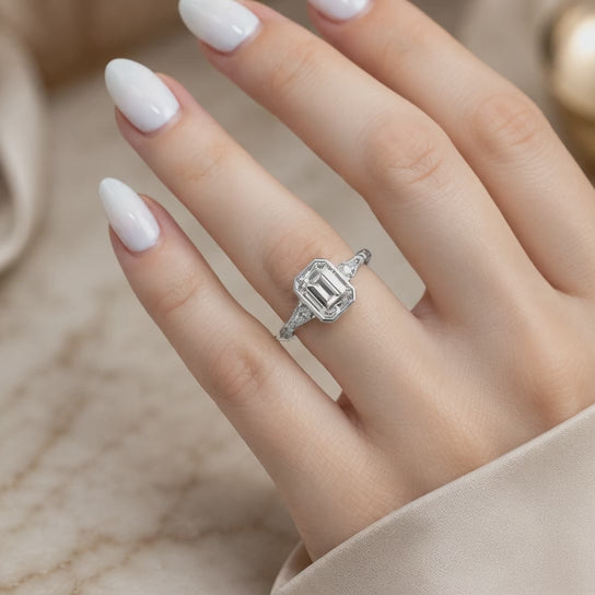 4.00 CT Emerald Cut Lab-Grown Diamond Three-Stone Engagement Ring in 14K White Gold – Pear Side Stone Bezel Trilogy Design