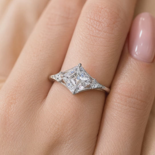 3.00 CT Asscher Cut Lab-Grown Diamond Three Stone Engagement Ring in 14K White Gold – Split Shank Kite Side Stone Design