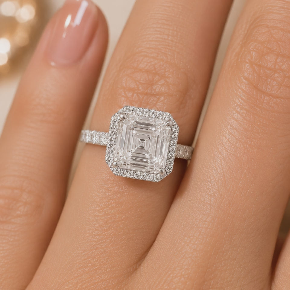 3.00 CT Asscher Cut Lab-Grown Diamond Halo Engagement Ring in 14K White Gold – Pavé Stackable Wedding Design